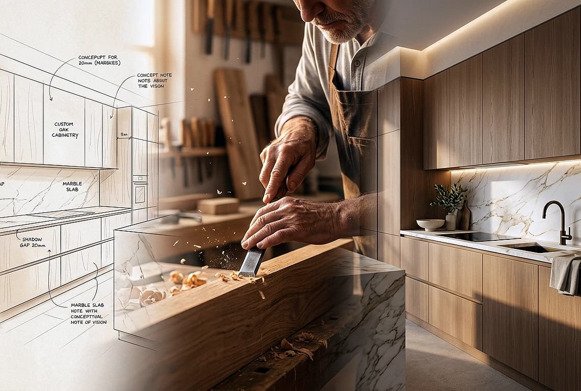 ERAZO HOME master craftsman working on custom kitchen cabinets in Atlanta GA workshop